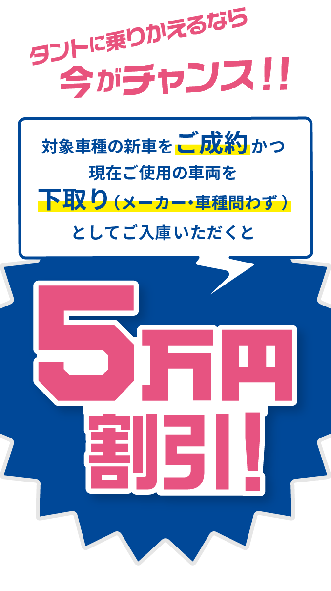 タントに乗りかえるなら今がチャンス！！ 対象車種の新車をご成約かつ現在ご使用の車両を下取り（メーカー・車種問わず）としてご入庫いただくと５万円割引！